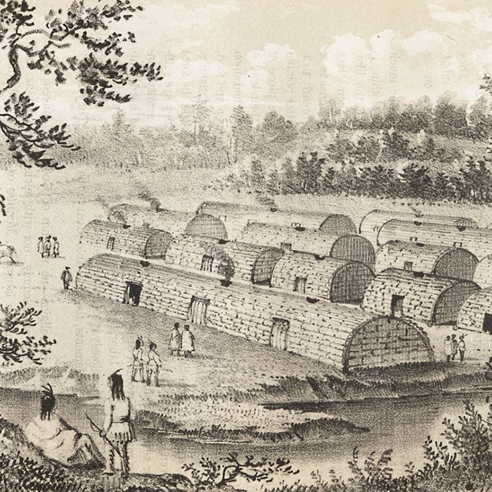 Lithograph of an Indian village of the Manhattans, prior to the occupation by the Dutch